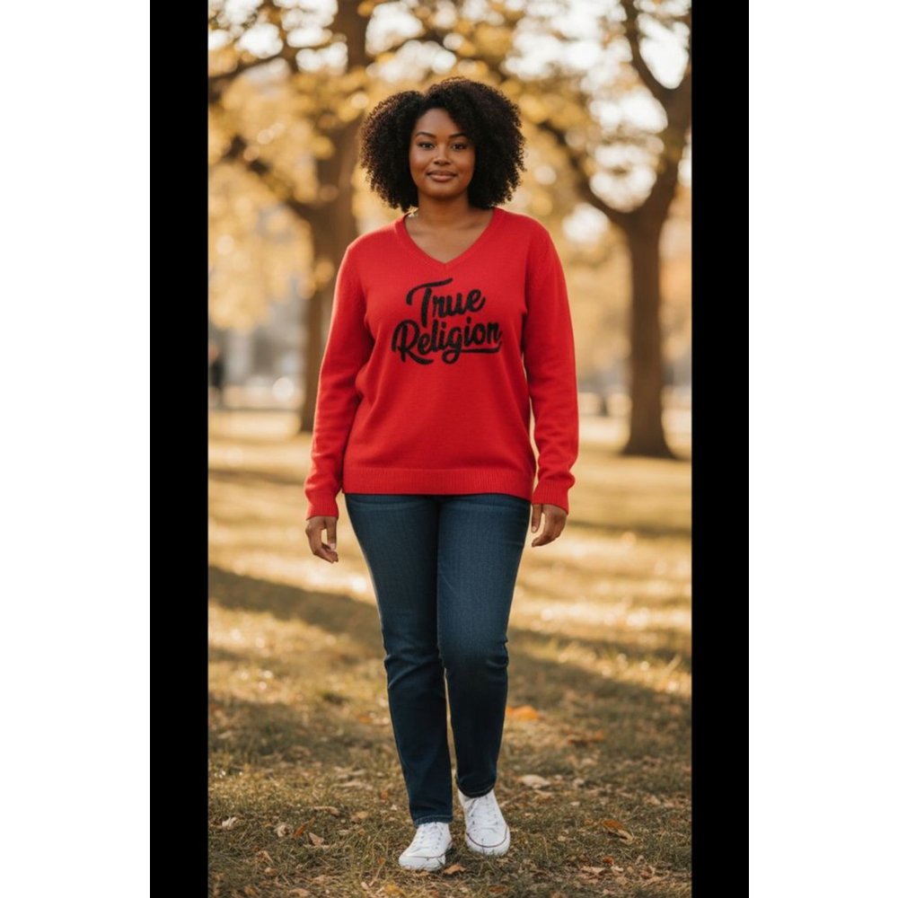 True Religion Red V-Neck Sweater with Black Logo, Size L